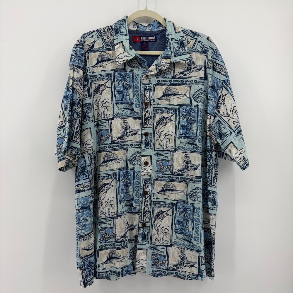 Reel Legends Fishing Shirt Blue XL Nautical Marlin‎ Print Ventilated Mesh Back